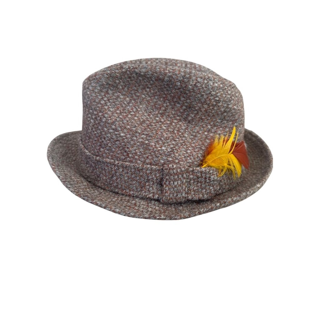 Harris Tweed Brown Fedora Hat Yellow Feather 100% Scottish Wool 6 7/8 Hand Woven